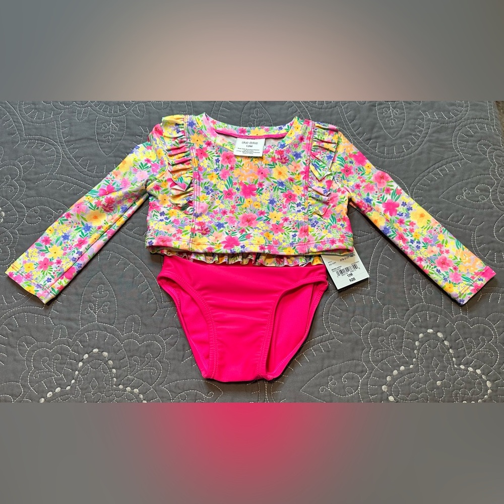 Okie Dokie 12M Girls Pink Micro Ditsy Floral Rash Guard And Bottoms Set NWT